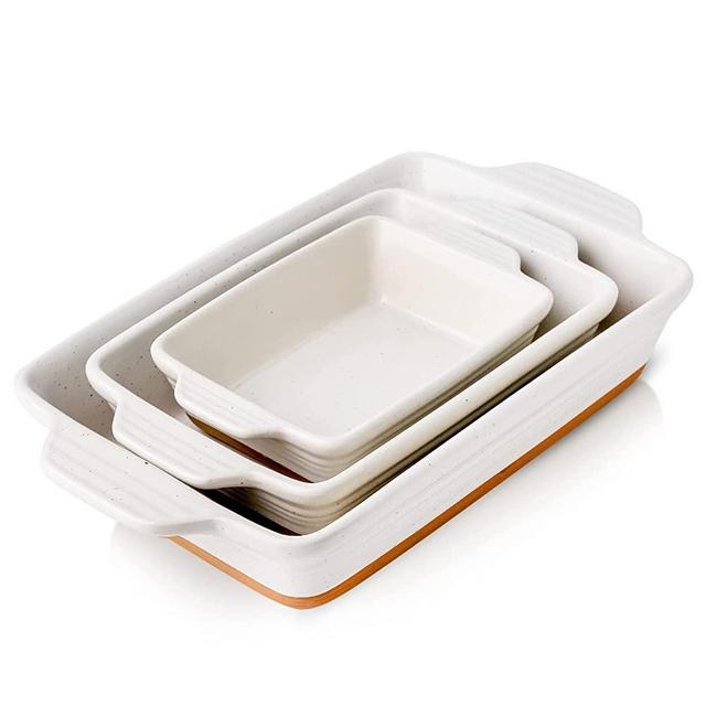 YMASINS Casserole Dish, Ceramic Baking Dish for Oven, Extra Large Lasagna Pans for Cooking Oven Safe, Rectangular Bakeware set of 3, Bakers & Casseroles With Handles, 14.5 x 8 x 2.75 Inches, White