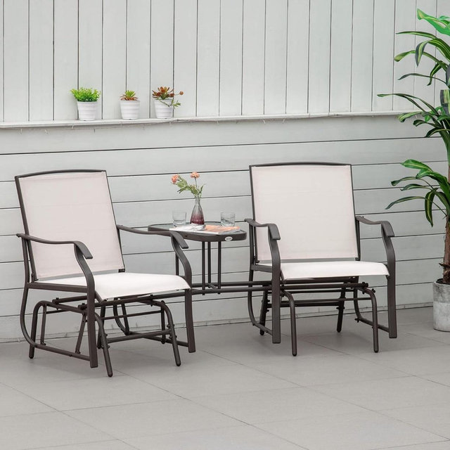 Outsunny Outdoor Glider Chairs with Coffee Table, Patio 2-Seat Rocking Chair Swing Loveseat with Breathable Sling for Backyard, Garden, and Porch, Beige