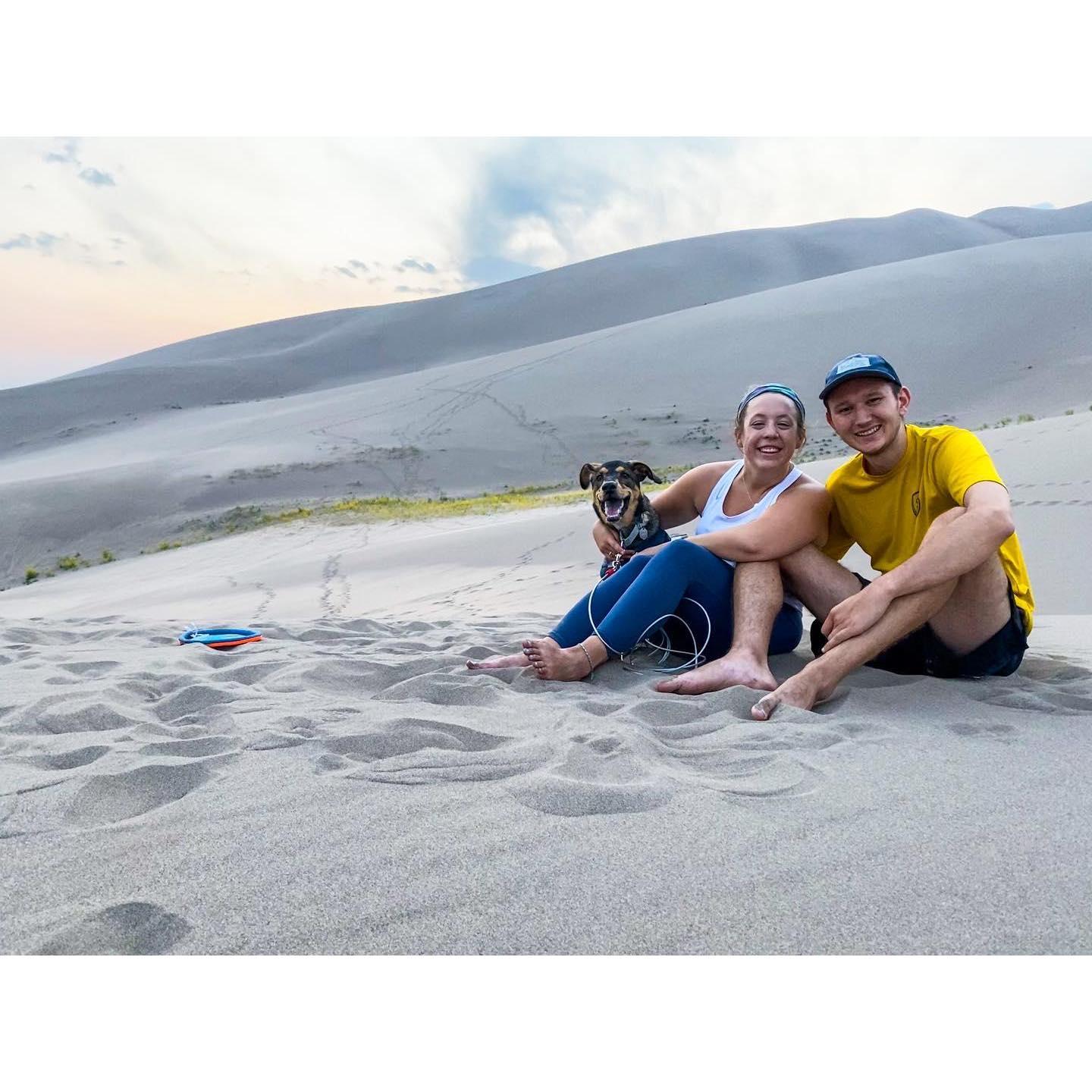 This photo is from Summer of 2020 on a camping trip to Great Sand Dunes National Park in Colorado! Kimball loved it!