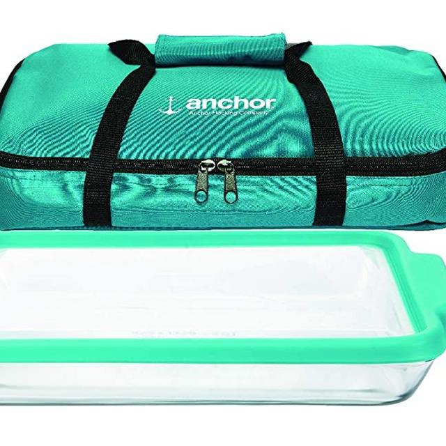 Anchor Hocking 3 Quart Glass Rectangular Baking Dish with Mineral Blue TrueFit™ Lid and Tote