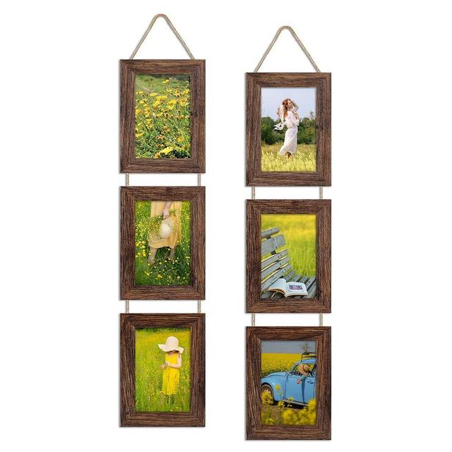 ccdcc 4x6 Collage Picture Frames Set of 2, Rustic Wooden Real Glass Vertical Hanging 3 Opening 4 by 6 Photo Frame, Distressed Brown