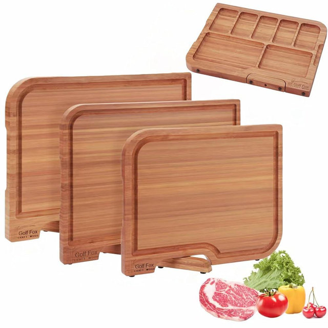 3-PCS Bamboo Cutting Board Set, Wood Cutting Board for Kitchen with Innovative Stand, Juice Groove & Handle, Double Sided for Chopping & Charcuterie Board, Kitchen Gift for Home Cooks, For Meat &Fruit