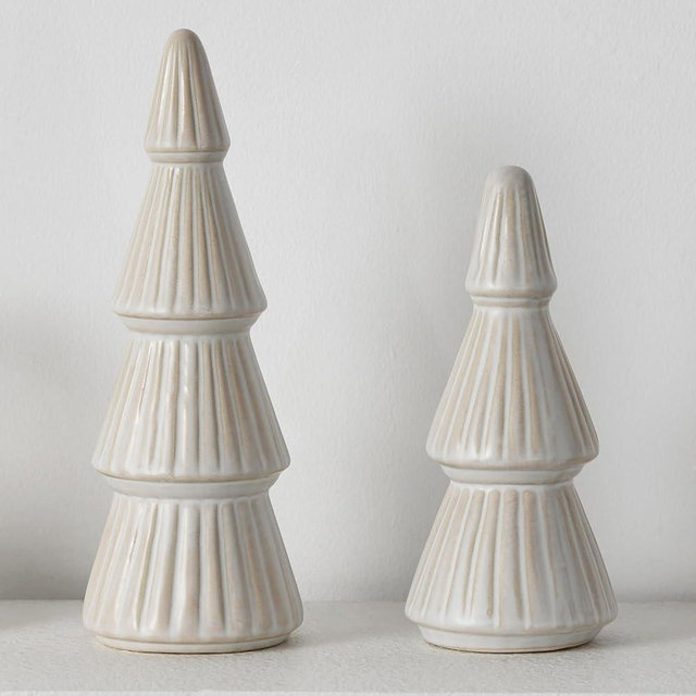 Mokof Christmas Decorations, Ceramic Christmas Tree, Small Farmhouse Christmas Decor Trees for Table Top, Mantle, Set of 2 (9.5" H & 7.5" H)
