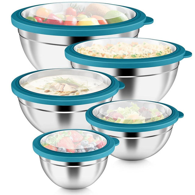 P&P CHEF Mixing Bowl with Visible Airtight Lid Set of 5, 10-Piece Stainless Steel Nesting Salad Bowl Set for Prepping, Mixing and Serving, Size 4.6, 3, 1.5, 1, 0.7 QT, Rimmed Edges & Flat Base, Blue