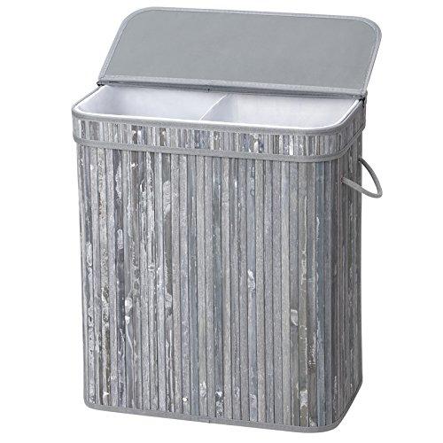 SONGMICS Divided Bamboo Laundry Basket Double Hamper with Lid Handles and Removable Liner Two-Section Dirty Clothes Bin Box Storage Sorter Rectangular Distressed 100L Gray ULCB64GW