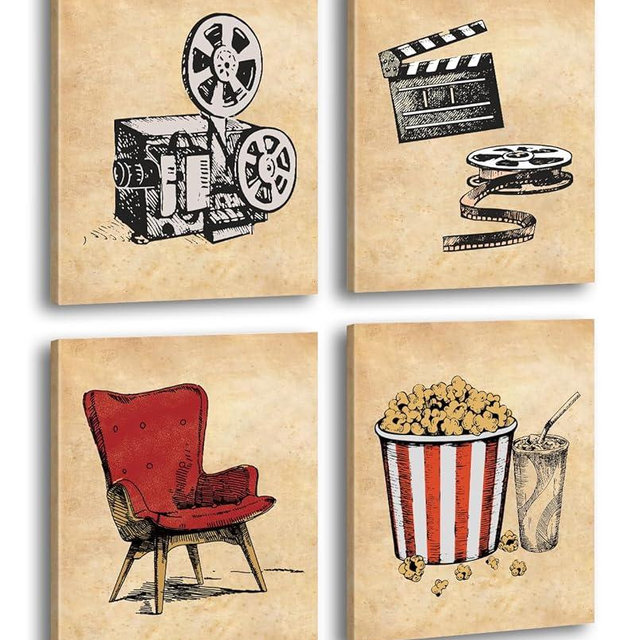 Vintage Movie Theater Wall Art, Classic Film Reel Cinema Popcorn Canvas Posters, Set of 4 (8x10 inches Framed), Retro Home Theater Media Room Decor