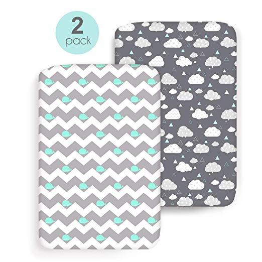 COSMOPLUS Stretch Fitted Pack n Play Playard Sheets - 2 Pack for Mini Crib Sheet Set,Pack n Play Mattress Cover, Ultra Stretchy Soft,Whale/Cloud