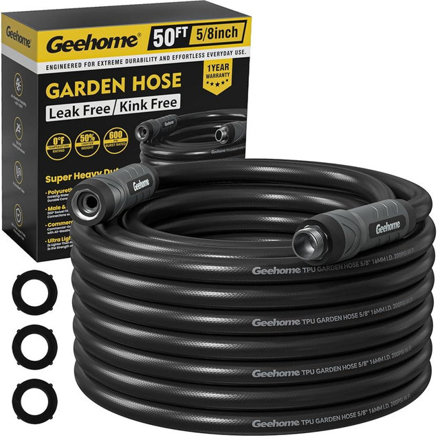 Geehome Heavy Duty Garden Hose, 50 ft x 5/8" Polyurethane Water Hose with Swivel Fittings, Flexible, Lightweight, No-Kink, Leakproof, Burst 600 PSI, Black