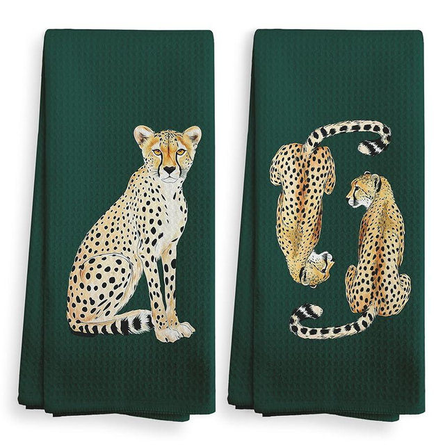 NOQL Preppy Leopard Decor Kitchen Towels and Dishcloths Set of 2, Leopard Cheetah Gifts, Emerald Green Bathroom Decor, Trendy Vintage Cheetah Drying Cloth Hand Dish Towels for Bathroom, 16x24 Inch