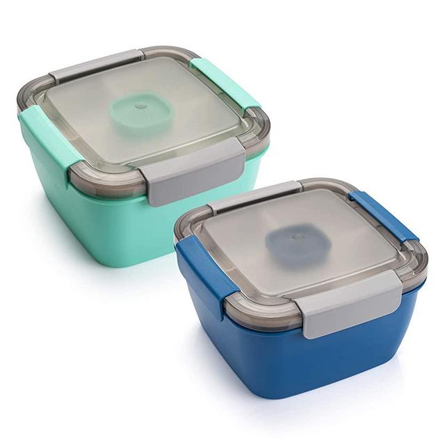 Freshmage Salad Lunch Container To Go, 2 Packs 52-oz Salad Bowls with 3 Compartments, Salad Dressings Container for Salad Toppings, Snacks, Men, Women (Blue+Green)