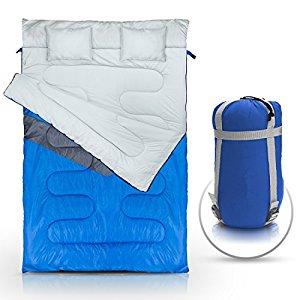 Double Sleeping Bag (Queen Size) with 2 Small Pillows – Waterproof, Comfortable & Compact for Hiking, Trekking, Camping or other Outdoor Activities – Includes a Carry Bag with Compression Sack.