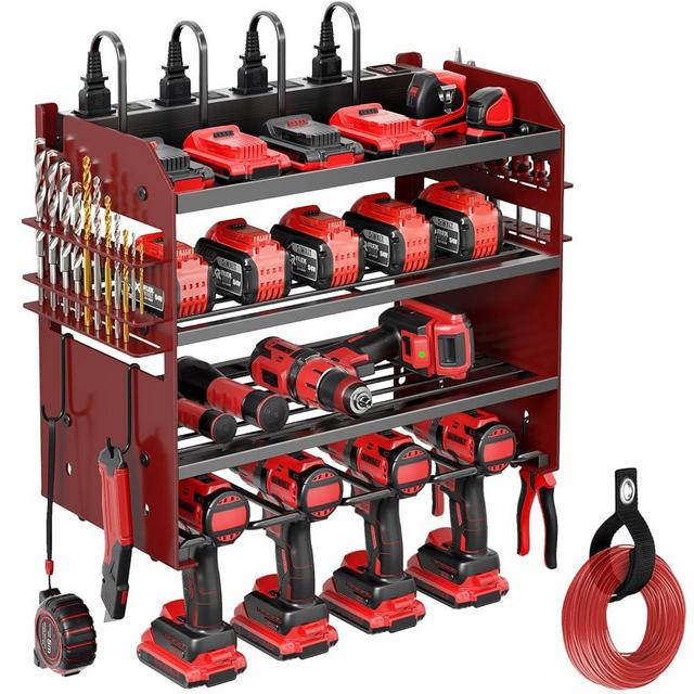 POKIPO Power Tool Organizer Wall Mount with Charging Station, Extended Large Heavy Duty 4 Drill Holder, Tool Storage in 8 Outlet Power Strip, Utility Rack with 6.56 ft Cord for Garage, Workbench