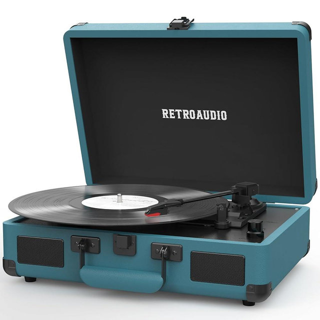Vinyl Record Player 3-Speed Bluetooth Portable Suitcase Belt-Driven Record Player with 2 Built-in Stereo Speakers Vinyl Vintage Turntable Phonograph Records Player with RCA Line Out, AUX Out