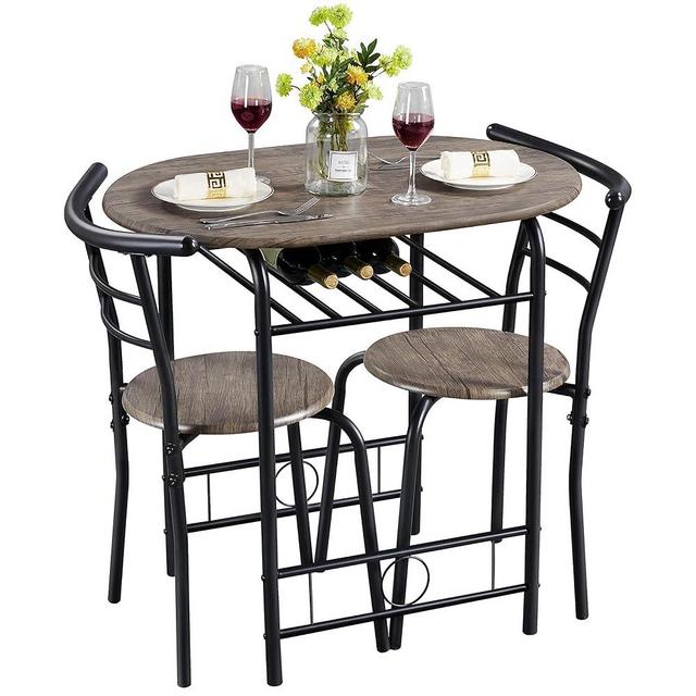 Yaheetech 3 Piece Dining Table Set, Kitchen Table & Chair Sets for 2, Compact Bistro Table Set with Steel Legs, Built-in Wine Rack for Small Space, Apartment, Breakfast Nook, Drift Brown