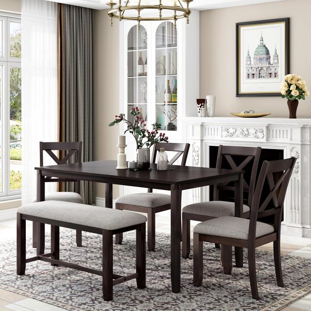 Wood Dining Table and Chair Set of 6, Dining Room Set for 6 Persons with Bench, Rectangular Kitchen Table with 4 Microfiber Padded Chairs Plus One Upholstered Bench, Farmhouse Kitchen Table Set, B1382