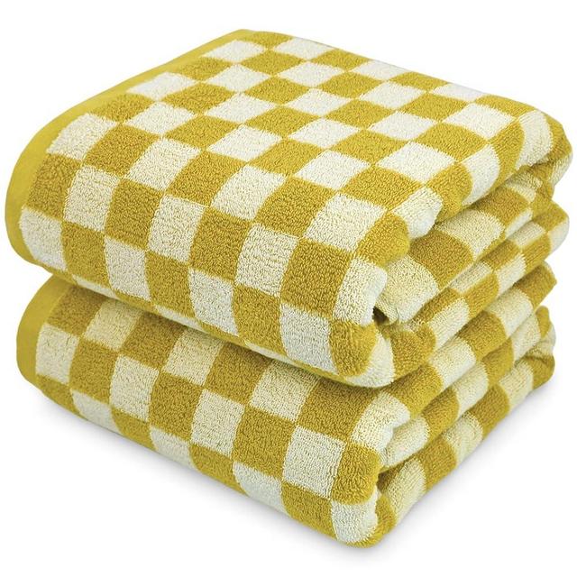 Jacquotha Luxury Bath Towels - Cotton Bathroom Towel Sets Checkered Towels, Pack of 2 Towels for Body Drying 55x27.5 Inches, Yellow