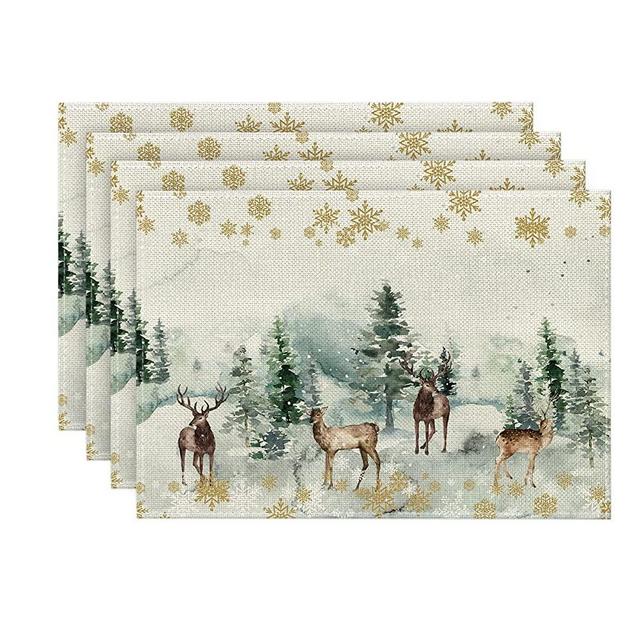 Artoid Mode Watercolor Deer Trees Snowflakes Christmas Placemats for Dining Table, 12 x 18 Inch Seasonal Winter Xmas Holiday Rustic Vintage Thanksgiving Washable Table Mats Set of 4