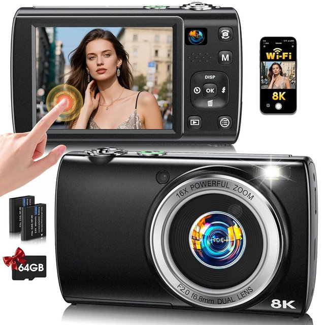 8K Digital Camera for Photography, 2026 Latest WiFi 88MP Vlogging Camera for YouTube with Dual Lens, Touch Screen, Autofocus Anti-Shake, 16X Zoom, Compact Travel Camera, 64GB Card, 2 Batteries, Black