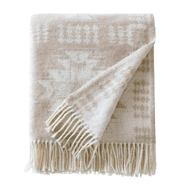 Woolrich Cotton Blend Jacquard Throw with Fringe Edge, Lightweight All-Season Decorative Throw Blanket, Machine Washable, Oeko-TEX Certified, Neutral Aztec, 50"x60"
