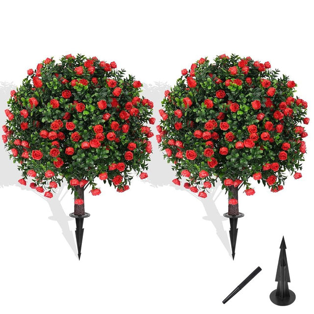 Grooy Artificial Boxwood Topiary Tree with Rose, Set of 2 Artificial Shrub Bushes with Ground Spike, Fake Evergreen Tree for Porch, Artificial Plants for Outdoor Planters Indoor UV Resistant