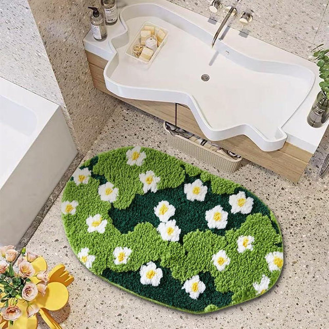 Ouyattle Cute Green Floral Bath Mat Microfiber Moss Bathroom Rug 20''W x 32''L Non Slip Washable, Modern Chic Boho Aesthetic Trendy Shaggy Bathroom Shower Floor Mat Absorbent