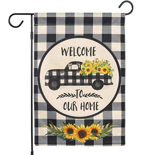 EKOREST Welcome Garden Flags for Outside,Vintage Flower Truck Buffalo Check Plaid Flags Welcome to Our Home 12 x 18 Inch Vertical Double Sided Farmhouse Fall Yard Flags for Lawn