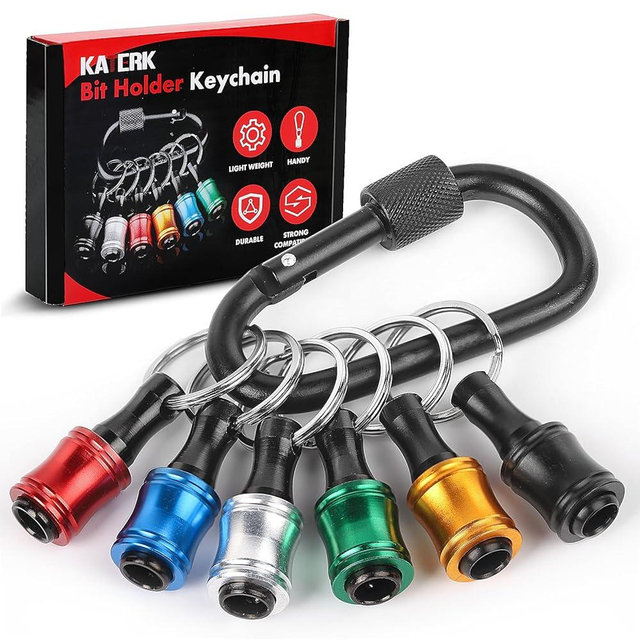 Push to Unlock,Katerk 6pcs 1/4 inch Hex Shank Aluminum Alloy Screwdriver Bit Holder Light-Weight Quick-Change Extension Bar Keychain Drill Screw Adapter Portable,Black Carabiner,Tool Gifts for Men