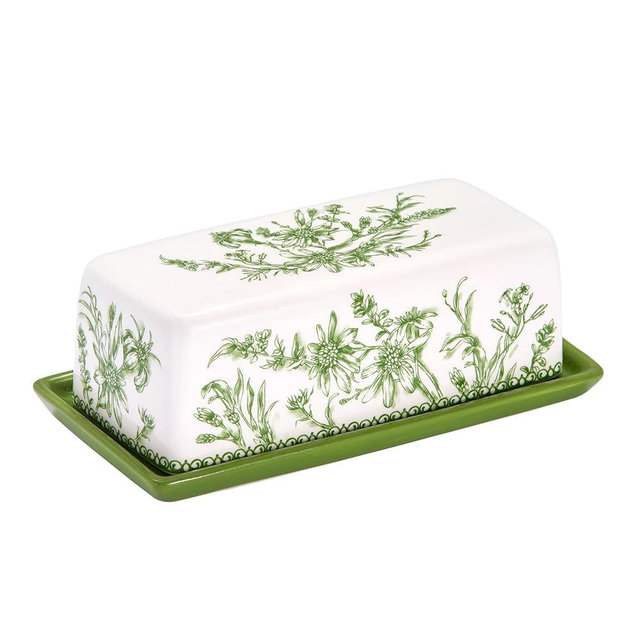 Bico Green Garden Toile De Jouy Ceramic Butter Dish with Lid, Wide Butter Keeper for Counter, Kitchen Countertop, Microwave and Dishwasher Safe