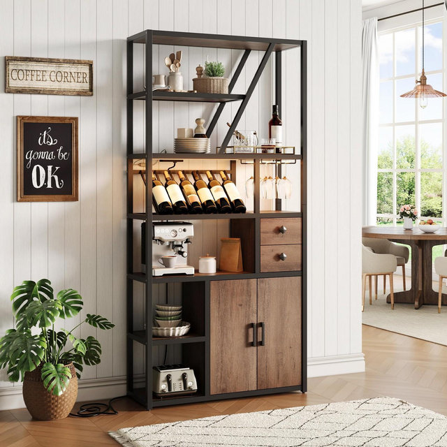 71" Tall Wine Bar Cabinet with LED Light, Industrial Wine Rack with Glass Holder, Coffee Bar Liquor Cabinet w/Doors, Microwave Stand Bakers Rack