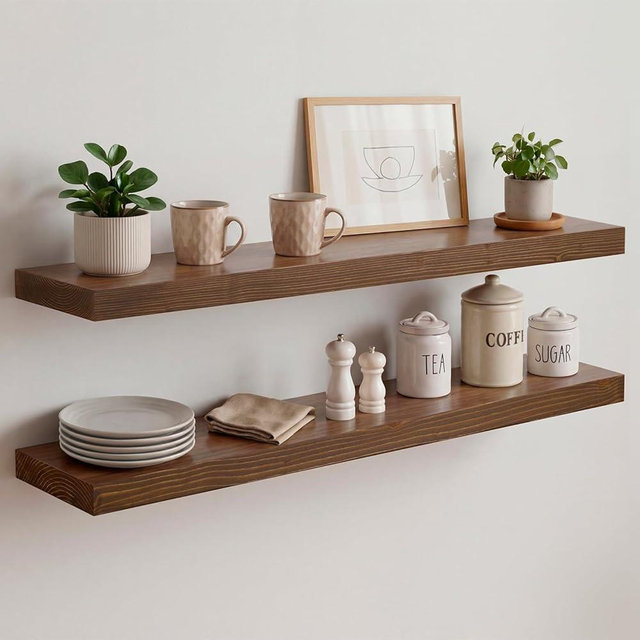 Homeforia Classic Walnut 30 inch Floating Shelf, High End Solid Real Wood Small 30inch Floating Shelves for Wall Mounted, 30in Floating Shelves, Heavy Duty Bracket, 30 X 6.5 X 1.75 inches, Set of 2