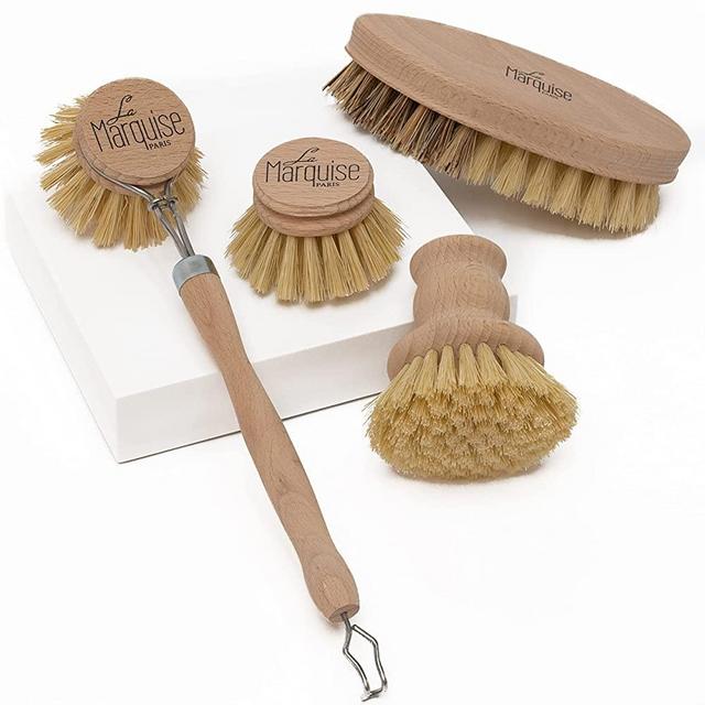 La Marquise - Zero Waste Wooden Dish Brush - Spare Head, Pot Brush and Vegetable Brush Included - Sustainable Washing Up Brushes