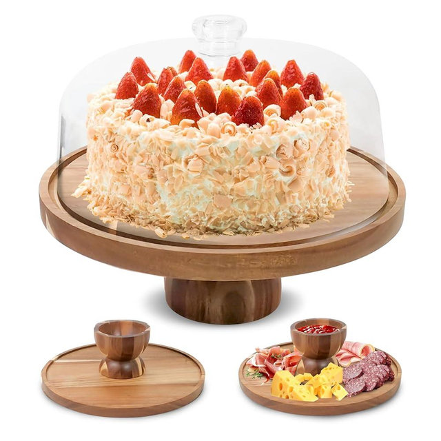 Acacia Wood Cake Stand with Lid - 12in Cake Stand with Dome,2 in 1 Charcuterie Board for Cheese, Chips, Fruit Platter, Large Acrylic Cake Dome Cover