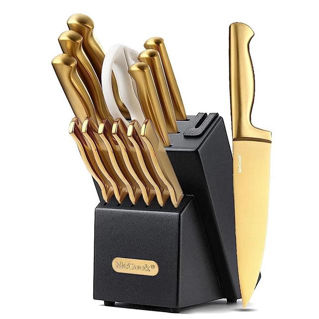 McCook® MC21GB Knife Sets,15 Pieces Luxury Golden Titanium Kitchen Knife Block Sets with Built-in Sharpener