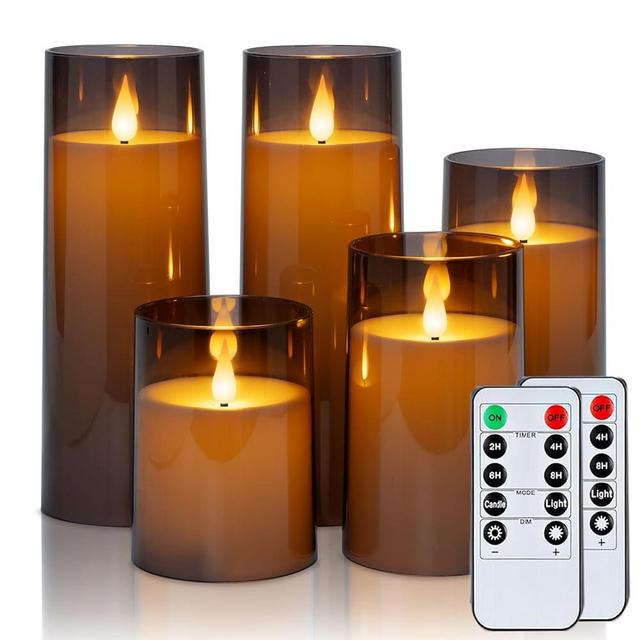 Raycare Grey Flameless Candles with Remote and Timer, 5 Pcs Battery Operated Acrylic Flickering LED Pillar Candles for Romantic Ambiance and Home Decoration