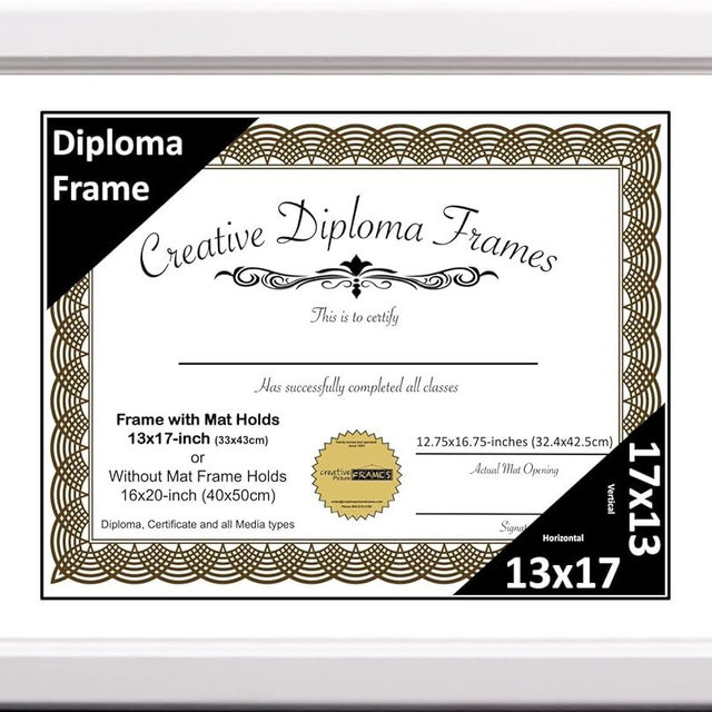 Creative Picture Frames 13x17 White Diploma Frame with White Mat Glass and Installed Wall Hangers | Frame Holds 16x20 Media without Mat