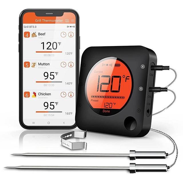 BFOUR Meat Thermometer, Wireless Bluetooth Digital Meat Thermometer with Dual Probe, Wireless Remote BBQ Thermometer for Smoker Kitchen Cooking Grill Thermometer Timer for Grilling BBQ Oven Candy