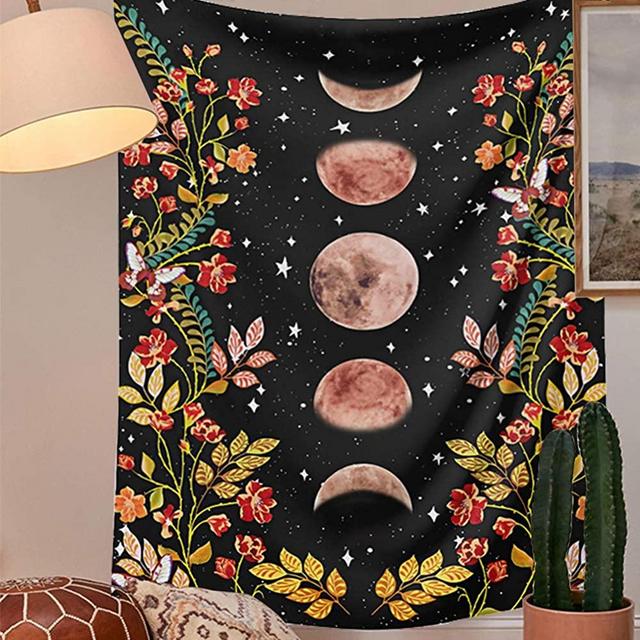 Moon Phase Tapestry Wall Hanging - Moonlit Black Tapestry with Vines and Flowers Wall Decor Floral Blanket Starry Sky Home Decor