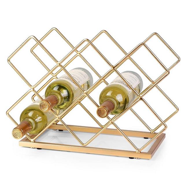 Drincarier Countertop Wine Rack - 10 Bottle Freestanding Modern Gold Metal Small Wine Rack - Tabletop Wine Holder Stand for Cabinet, Pantry, Wine Bottle Storage