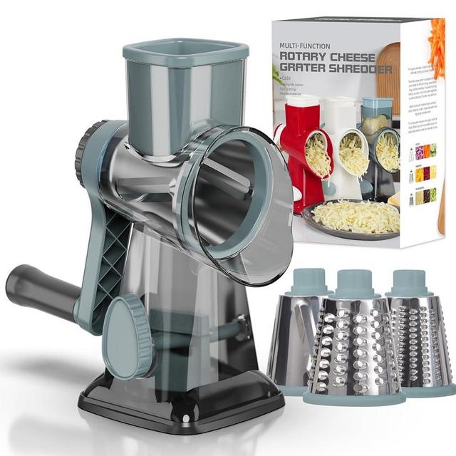 GORCI Cheese Grater Cheese Shredder with 3 Interchangeable Blades, Rotary Cheese Grater Manual Vegetable Slicer with Non-slip Suction Base Peanut Nuts Grinder Vegetable Shredder Clear