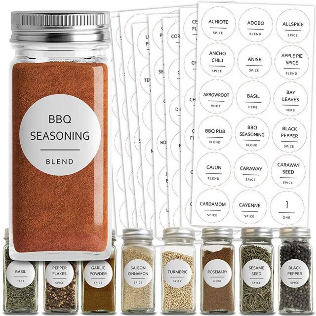 Talented Kitchen 144 Spice Jar Labels Preprinted. 144 Minimalist Black Text on Round White Label. Fits Spice Jar Lids. Water Resistant Spice Labels Sticker. Seasoning, Herb & Spice Rack Organization
