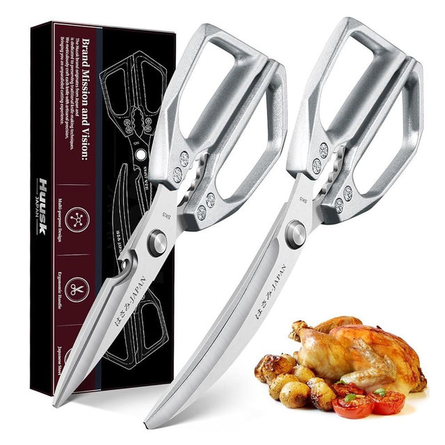 HUUSK Kitchen Scissors Set Silver - Stainless Steel Kitchen Shear, Sharp Meat Scissors Dishwasher Safe, Heavy Duty Poultry Shears, Japanese Cooking Scissor for Food, Christmas Gifts for Men Women