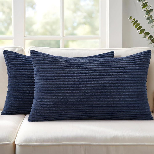 Mecatny Corduroy Decorative Throw Pillow Covers 12x20 Set of 2 for Sofa Living Room, Soft Neutral Boho Couch Pillow Covers for Home Decor, Deep Blue