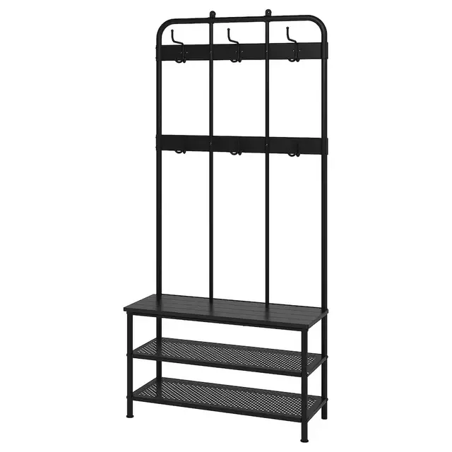 PINNIG Coat rack with shoe storage bench, black76x14 5/8x35 3/8 "