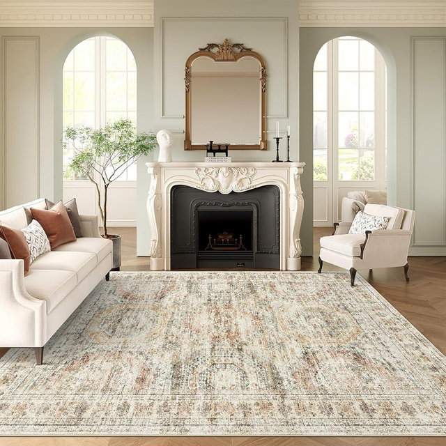 Soalmost Washable Area Rug 8x10, Large Soft Rugs for Living Room Vintage 8x10 Area Rugs for Bedroom Dining Room Non-Slip Stain Resistant Under Table Brown Pink Rug