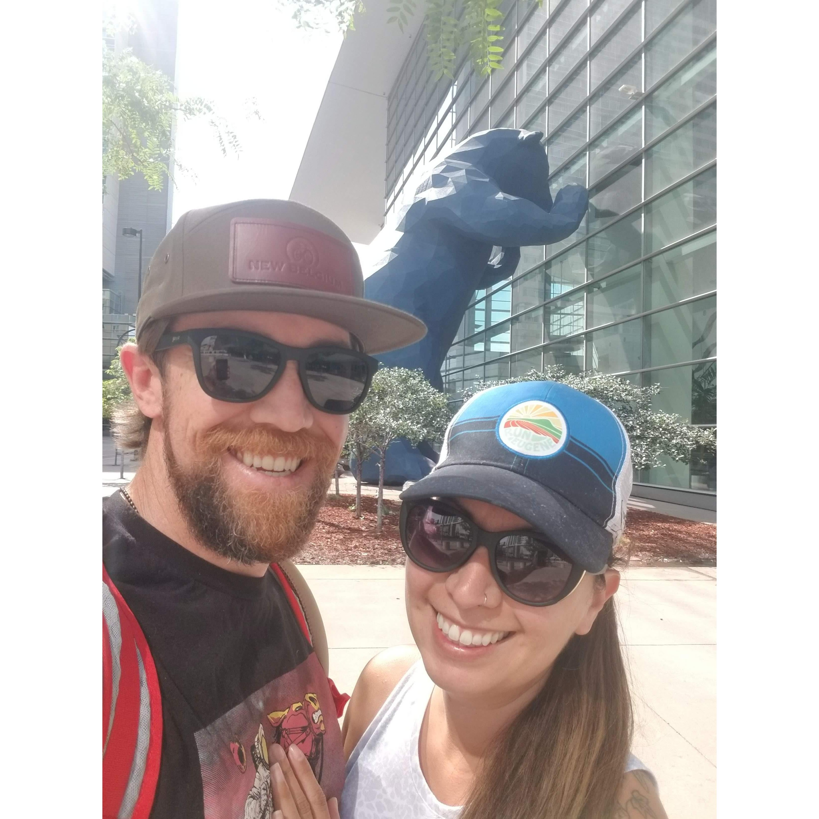 Selina told Evan all about the Big Blue Bear in Denver! Go Bruins!