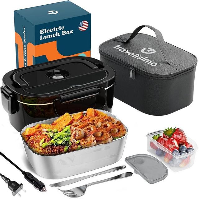 TRAVELISIMO Electric Lunch Box for Adults 80W Heated Lunch Box, 12/24/110V 1.5L Self Heating Lunch Box for Car/Truck/Office, Heated Lunchbox for Adults with SS Container, Food Warmer Lunch Box