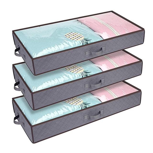 Anyoneer Under Bed Storage Containers with Stainless Steel Zipper, Under-bed Storage Bags Organizer with Clear Windows & Reinforced Handles for Comforters, Bedding, Blankets and Clothing, 3 Pack, Gray