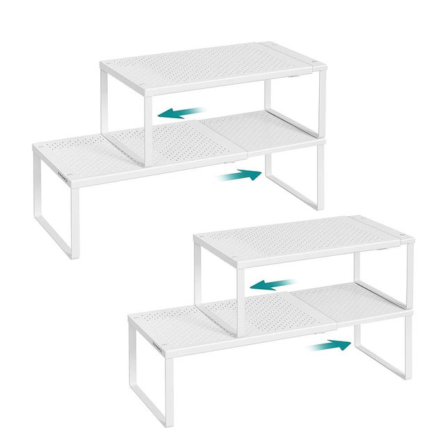 SONGMICS Spice Racks, Set of 4 Expandable Kitchen Countertop Shelves, Small Cupboard Organizers, Metal, Space-Saving Tabletop Shelves, Matte White UKCS404WC01