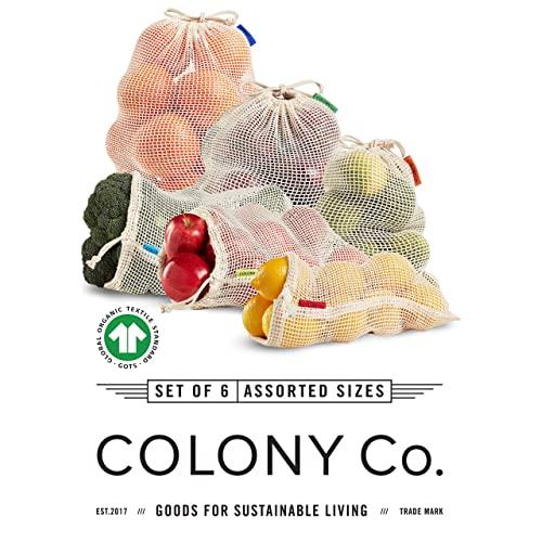 Colony Co. Reusable Produce Bags - Set of 6 - Various Sizes - Organic Cotton Mesh - Washable - Tare Weight Label - Double-Drawstring Design - Zero Waste