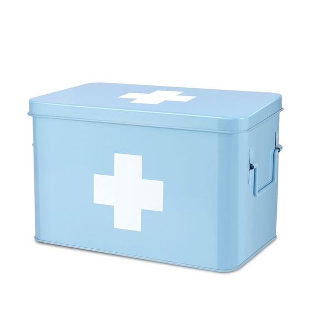 Flexzion First Aid Box Organizer Empty 13" Blue Vintage First Aid Kit Tin Metal Medical Box - First Aid Storage Box Container Bins with Dividers, Removable Tray and White Cross Logo